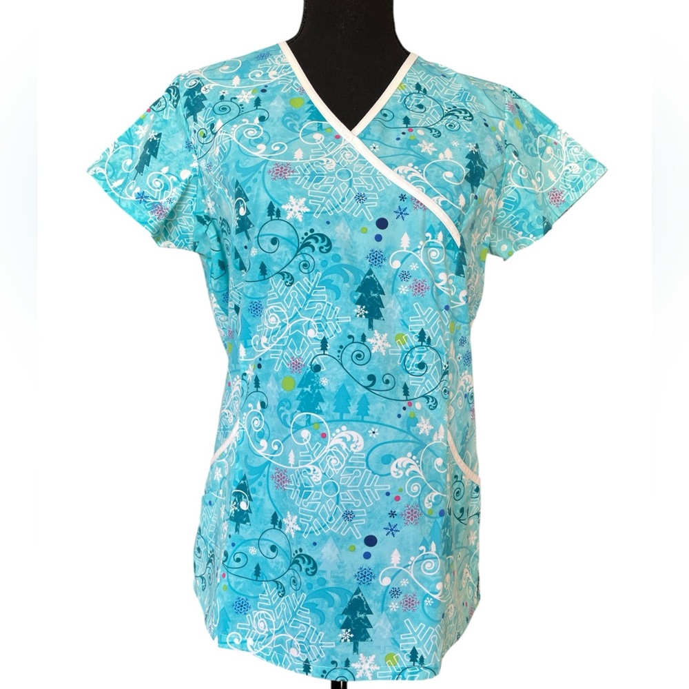 White Swan Blue & White Snowflake Uniform Scrub Top